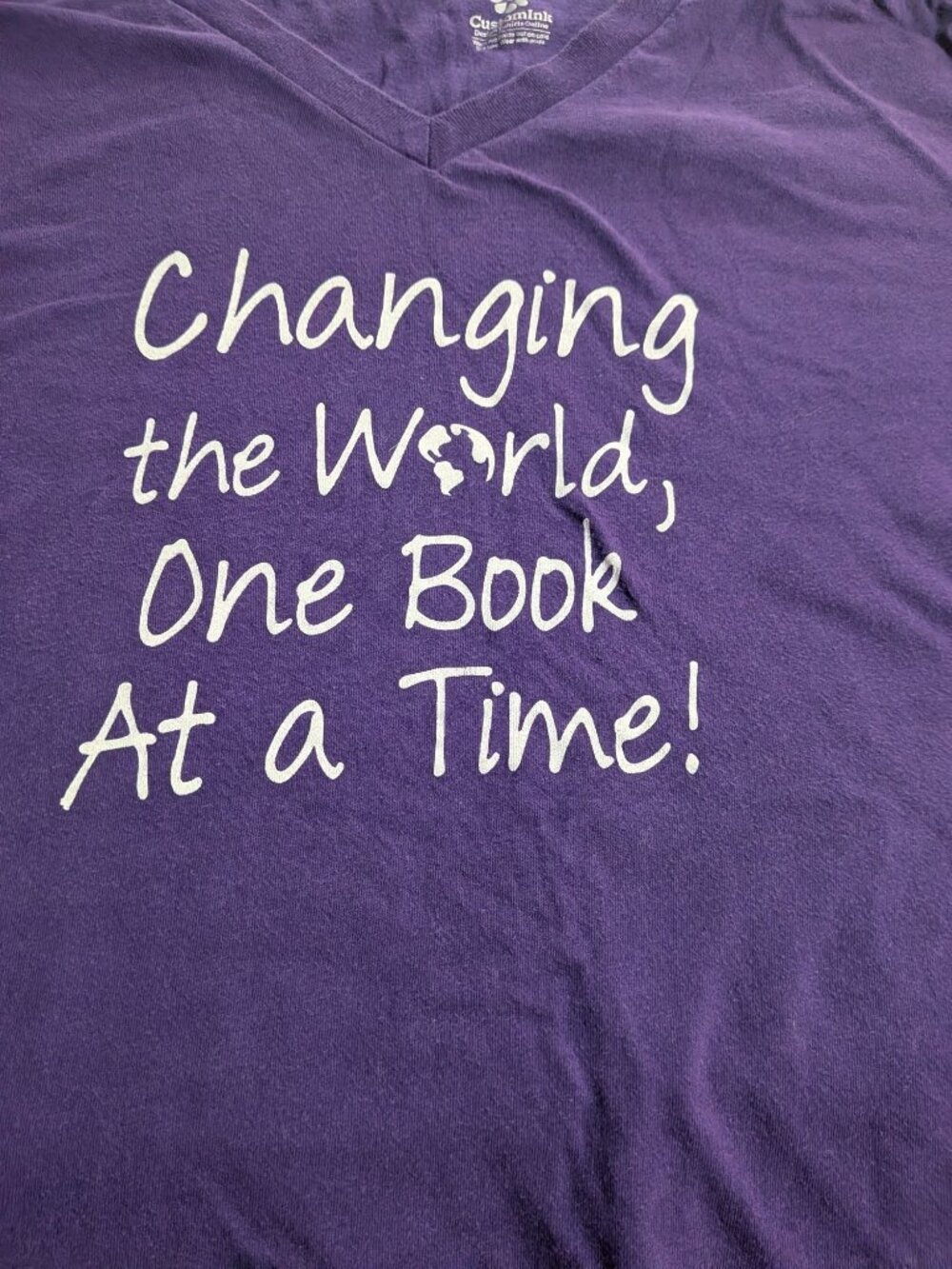 Changing The World One Book At A Time Purple V-Neck T-Shirt Bella + Canvas 2X Co